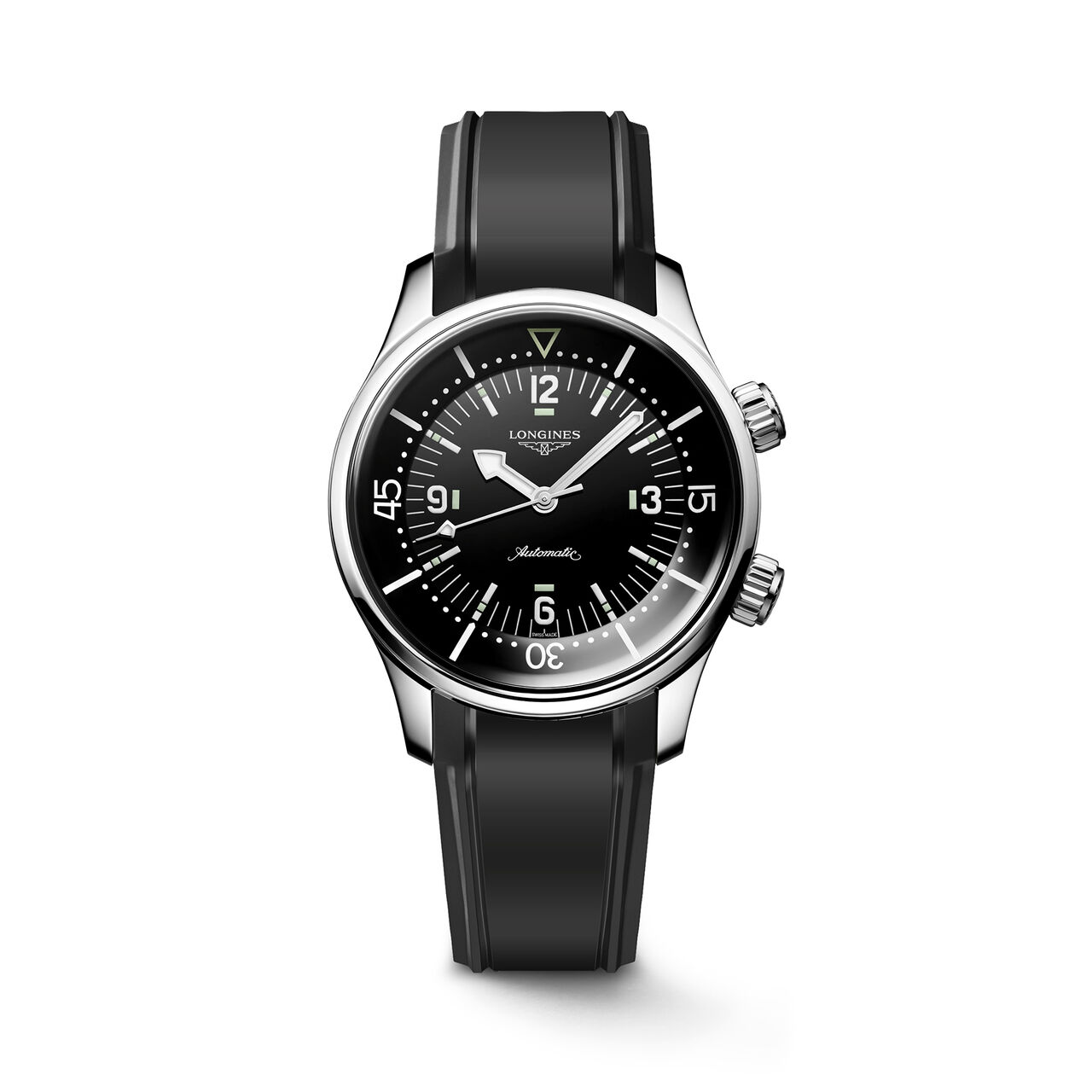 Front view of round stainless steel watch with black dial and black strap image number 0